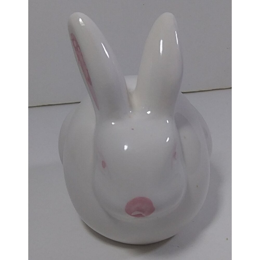 Vintage Bunny Figurine 4in White Pink Eyes Ears Rabbit Ceramic Figure Taiwan